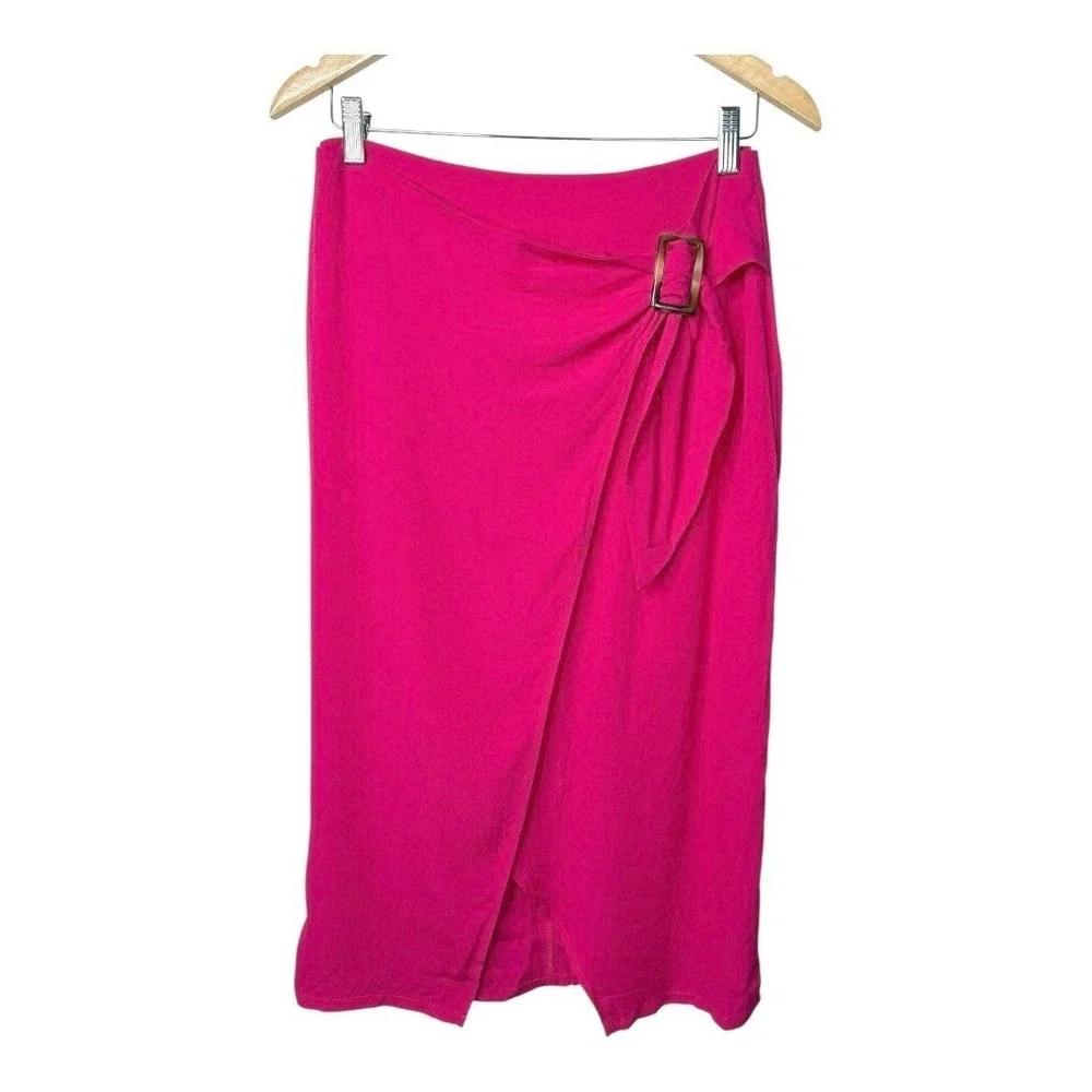 JOA Faux Wrap Pencil Skirt Womens Medium Pink Buckle Front Slit Zipper Back NEW‎